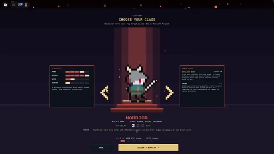Class select screen with a hooded character and a vertical list of class options.