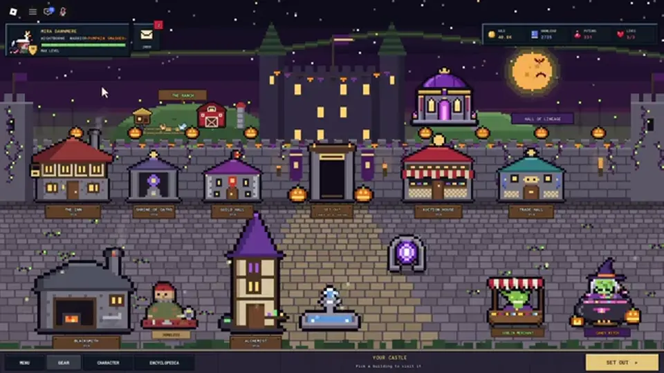 Castle code panel with a text field and a redeem button beside a green-cloaked merchant.