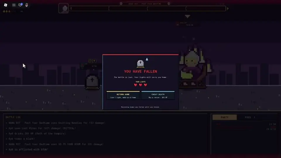 Combat screen with a row of action buttons and a lives counter.